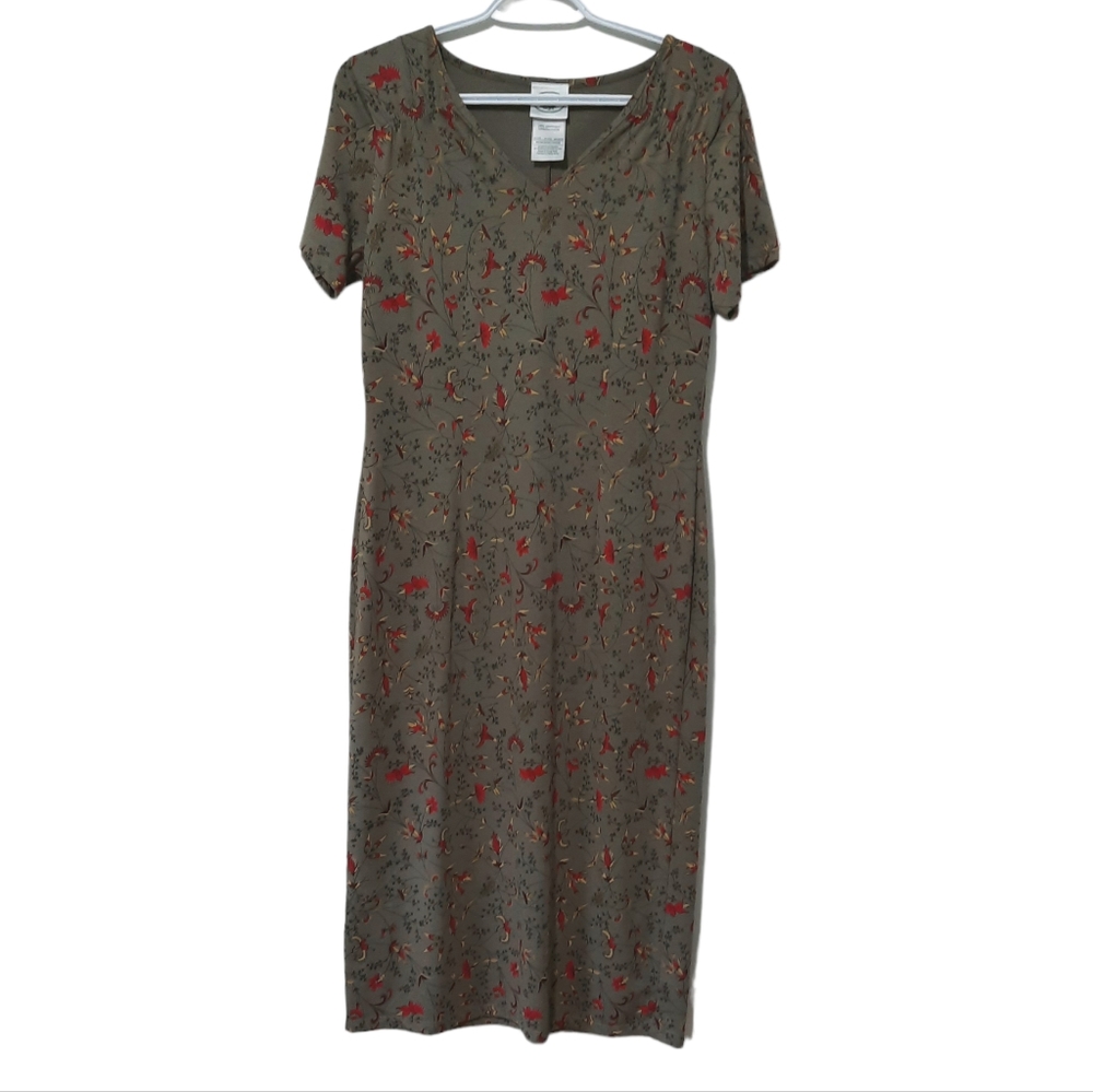 Laura Ashley Vintage Midi Tshirt Dress Cotton Olive Green Red Floral Size Medium